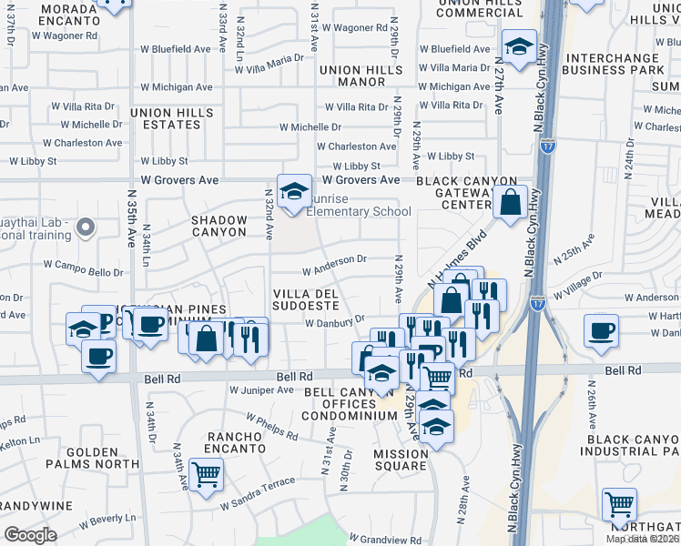 map of restaurants, bars, coffee shops, grocery stores, and more near 3102 West Hartford Drive in Phoenix