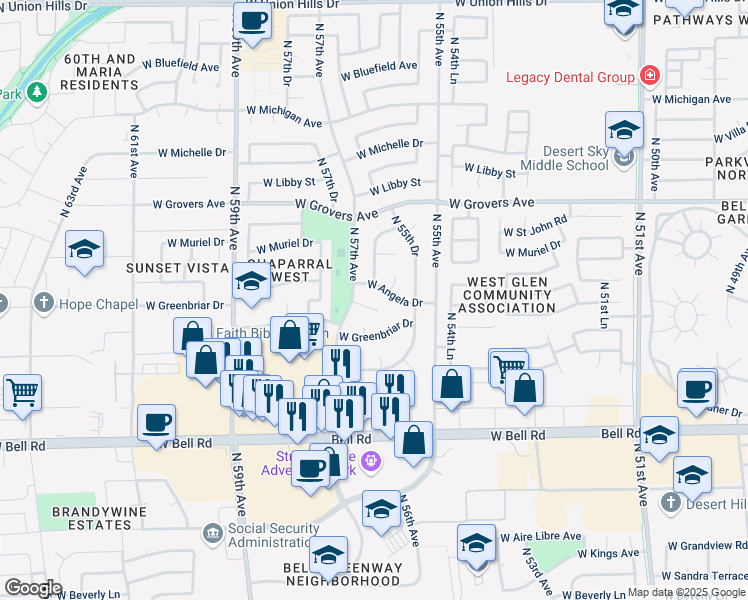 map of restaurants, bars, coffee shops, grocery stores, and more near 5620 West Campo Bello Drive in Glendale