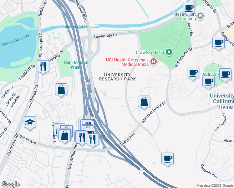 map of restaurants, bars, coffee shops, grocery stores, and more near 110 Theory in Irvine