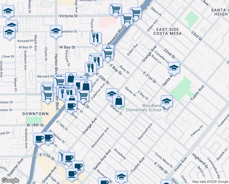 map of restaurants, bars, coffee shops, grocery stores, and more near 1998 Orange Avenue in Costa Mesa