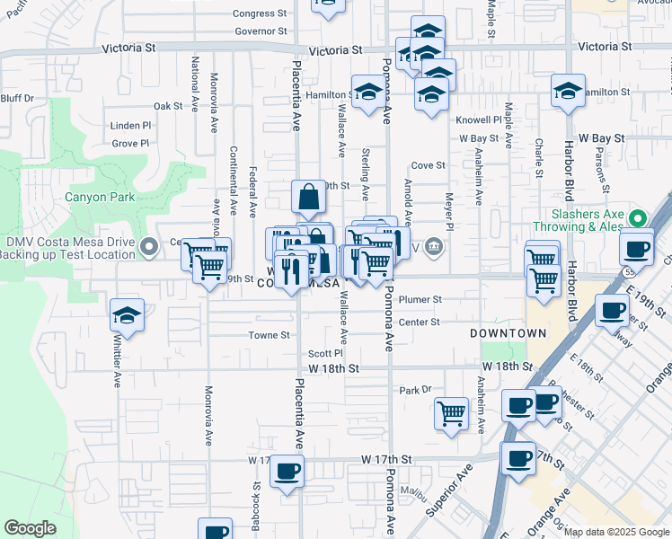 map of restaurants, bars, coffee shops, grocery stores, and more near 752 West 19th Street in Costa Mesa