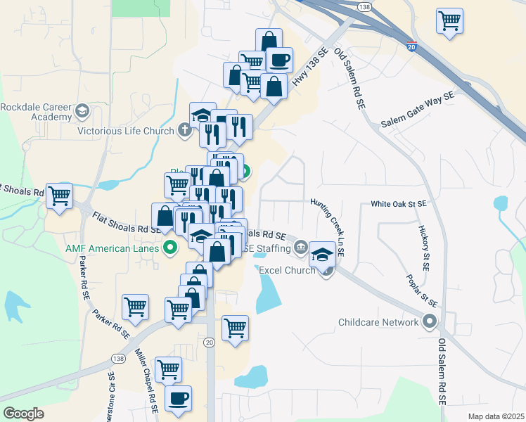map of restaurants, bars, coffee shops, grocery stores, and more near 1747 Ridge Court Southeast in Conyers
