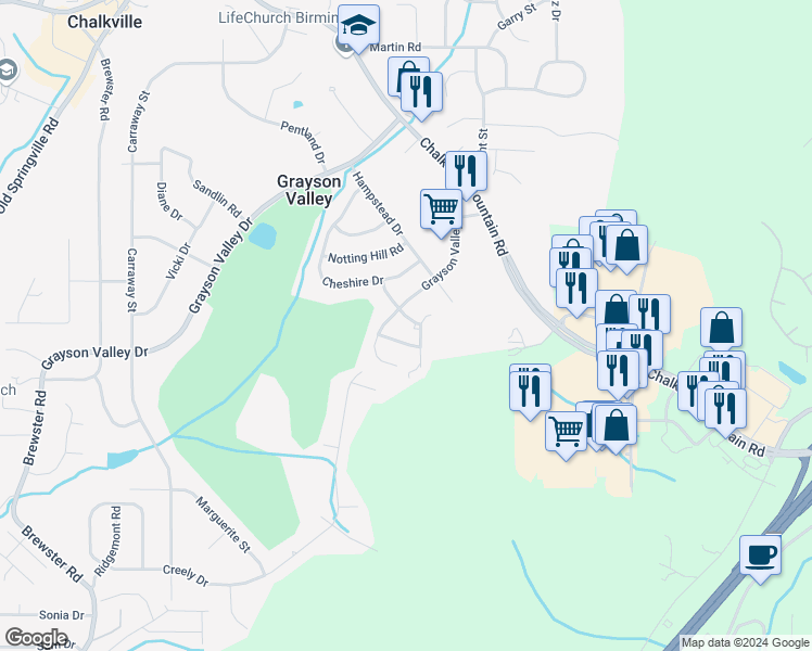 map of restaurants, bars, coffee shops, grocery stores, and more near 4924 Cheshire Lane in Birmingham