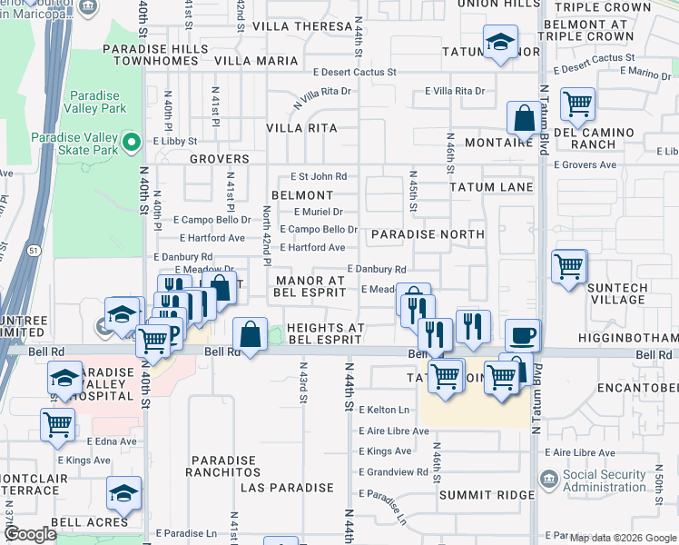 map of restaurants, bars, coffee shops, grocery stores, and more near 4353 East Danbury Road in Phoenix