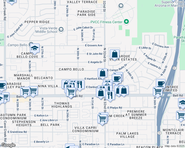 map of restaurants, bars, coffee shops, grocery stores, and more near 3049 East Campo Bello Drive in Phoenix