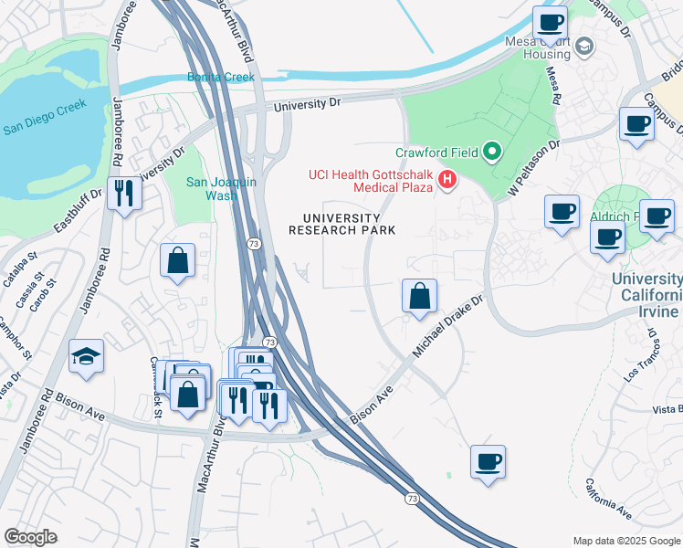 map of restaurants, bars, coffee shops, grocery stores, and more near 110 Theory in Irvine