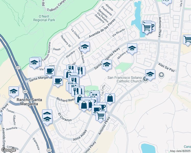 map of restaurants, bars, coffee shops, grocery stores, and more near 21952 Buena Suerte in Rancho Santa Margarita