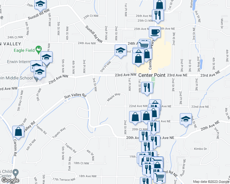 map of restaurants, bars, coffee shops, grocery stores, and more near 2220 2nd Place Northwest in Center Point