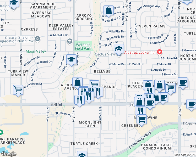 map of restaurants, bars, coffee shops, grocery stores, and more near 238 West Campo Bello Drive in Phoenix