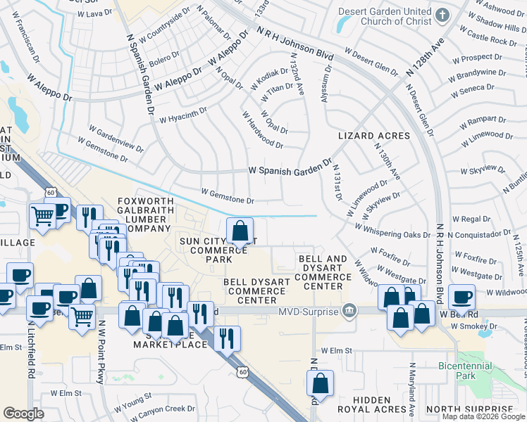 map of restaurants, bars, coffee shops, grocery stores, and more near 13411 West Gemstone Drive in Sun City West