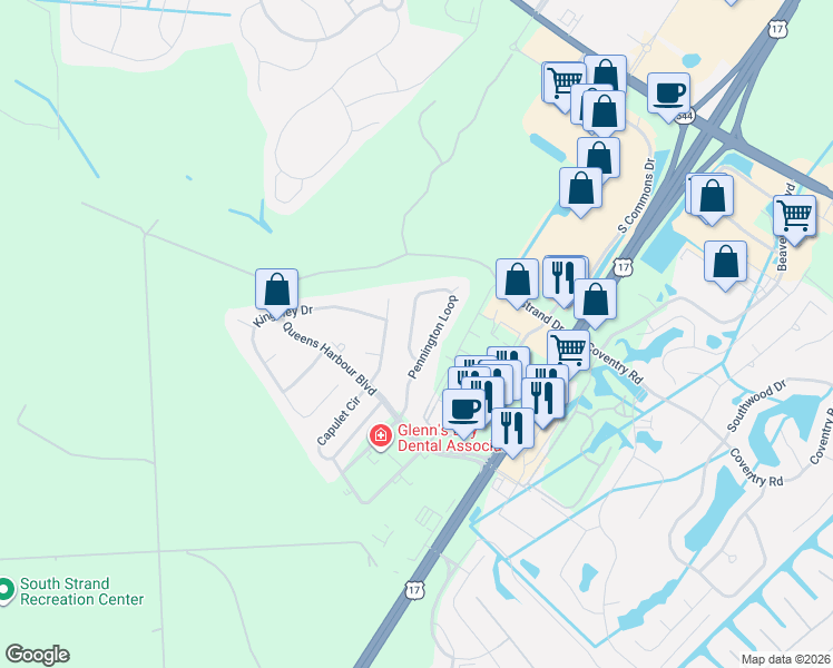 map of restaurants, bars, coffee shops, grocery stores, and more near 552 Pennington Loop in Myrtle Beach
