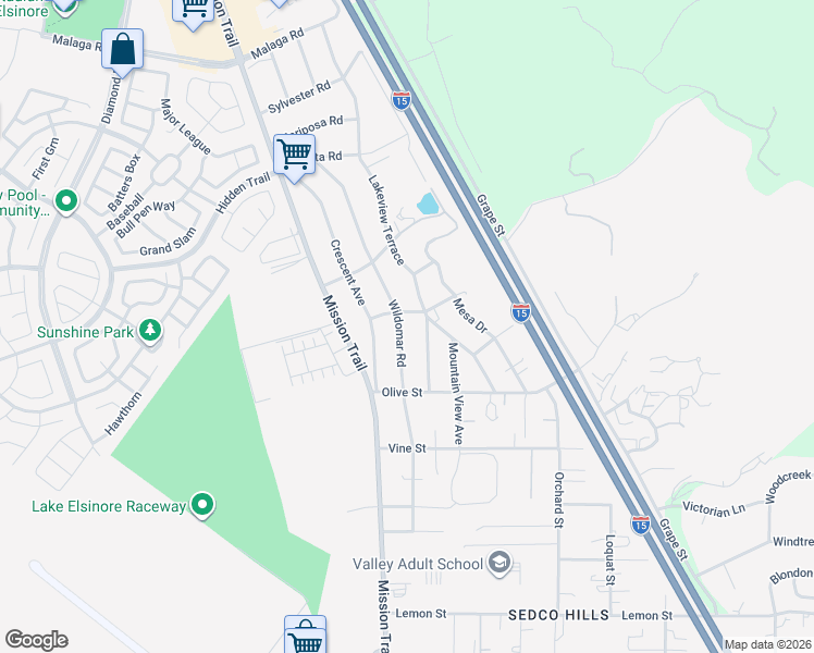 map of restaurants, bars, coffee shops, grocery stores, and more near 32830 Wildomar Road in Lake Elsinore
