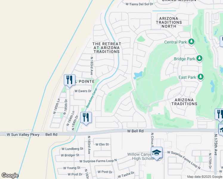 map of restaurants, bars, coffee shops, grocery stores, and more near 17461 West Ewers Drive in Surprise