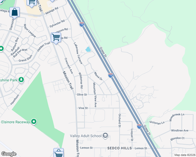 map of restaurants, bars, coffee shops, grocery stores, and more near 32857 Mesa Drive in Lake Elsinore