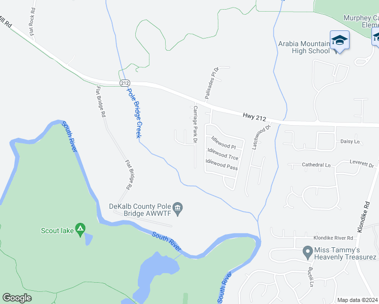 map of restaurants, bars, coffee shops, grocery stores, and more near 4543 Carriage Park Drive in Lithonia