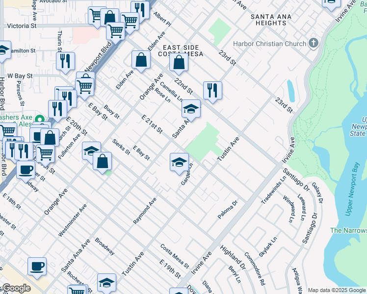 map of restaurants, bars, coffee shops, grocery stores, and more near 2100 Colina Vista Way in Costa Mesa
