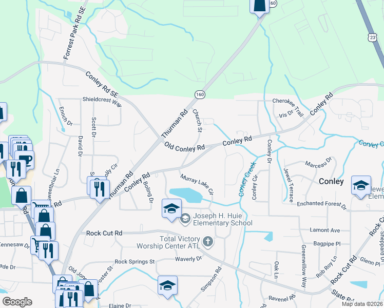 map of restaurants, bars, coffee shops, grocery stores, and more near 4061 Church Street in Conley