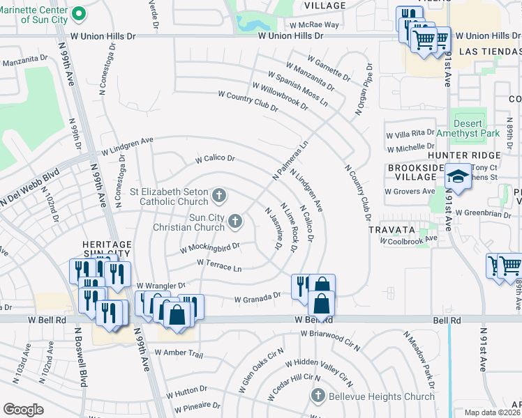 map of restaurants, bars, coffee shops, grocery stores, and more near 17610 North Jasmine Drive in Sun City
