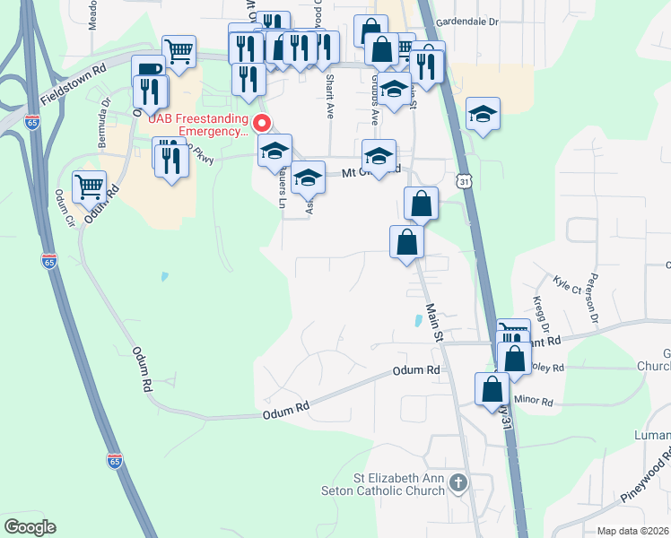 map of restaurants, bars, coffee shops, grocery stores, and more near 4358 Shivas Way in Gardendale
