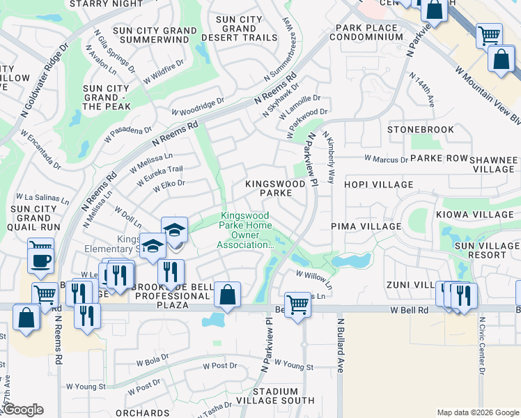 map of restaurants, bars, coffee shops, grocery stores, and more near 14936 West Dovestar Drive in Surprise