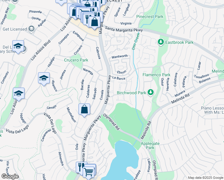 map of restaurants, bars, coffee shops, grocery stores, and more near 27936 Highgate in Mission Viejo