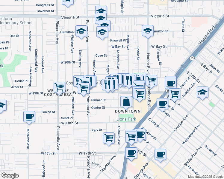 map of restaurants, bars, coffee shops, grocery stores, and more near 620 West 19th Street in Costa Mesa