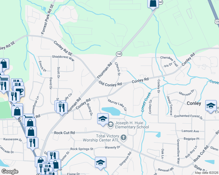 map of restaurants, bars, coffee shops, grocery stores, and more near 4061 Church Street in Conley