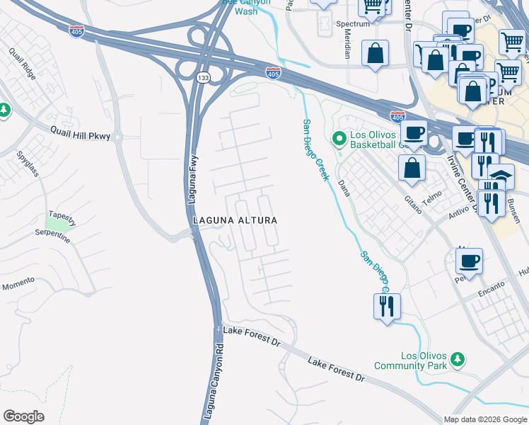 map of restaurants, bars, coffee shops, grocery stores, and more near 55 Umbria in Irvine