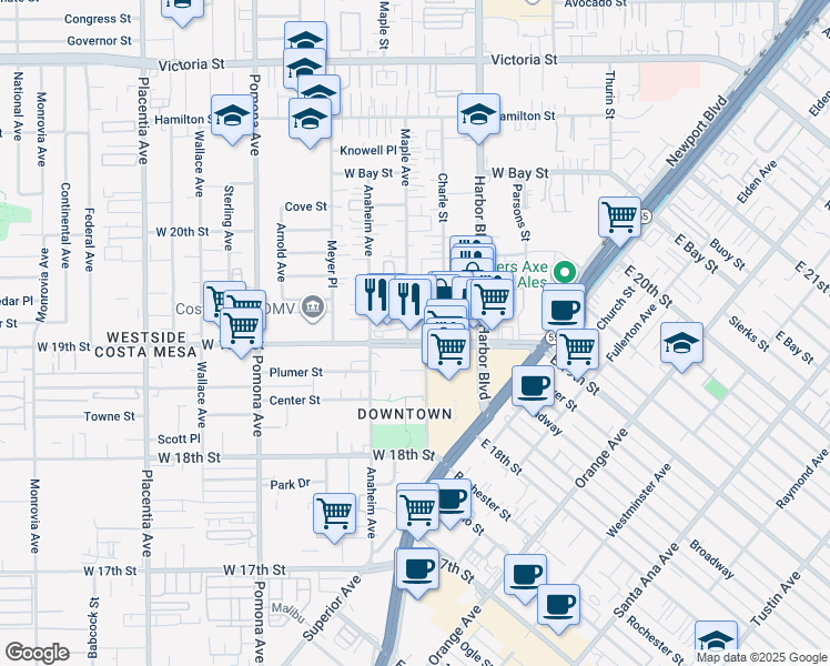 map of restaurants, bars, coffee shops, grocery stores, and more near 548 West 19th Street in Costa Mesa