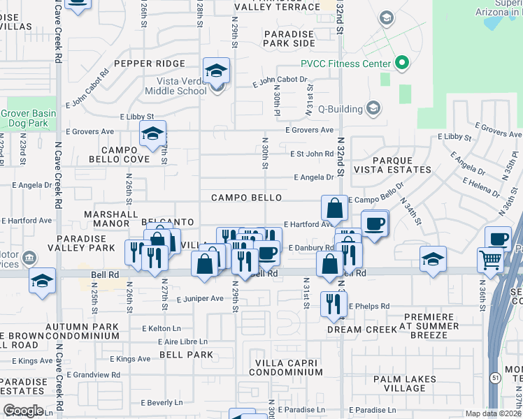 map of restaurants, bars, coffee shops, grocery stores, and more near 17236 North 30th Street in Phoenix