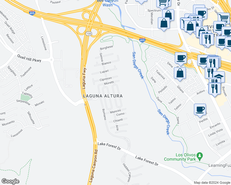 map of restaurants, bars, coffee shops, grocery stores, and more near 51 Umbria in Irvine