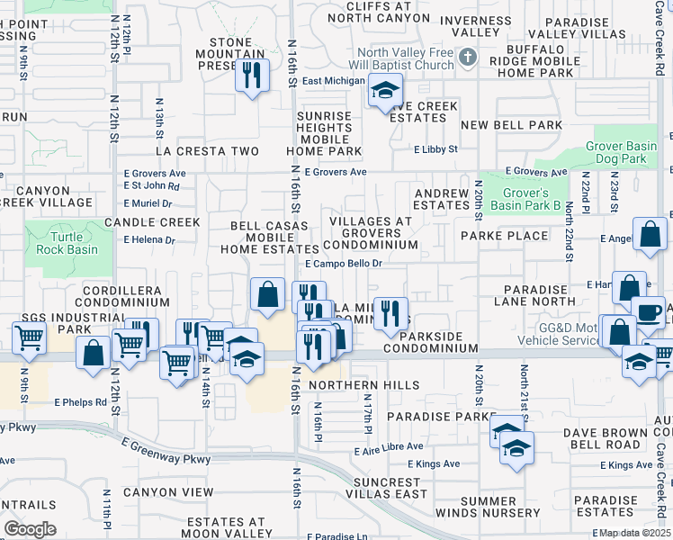 map of restaurants, bars, coffee shops, grocery stores, and more near 17235 North 16th Place in Phoenix
