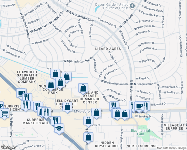 map of restaurants, bars, coffee shops, grocery stores, and more near 17602 West Whispering Oaks Drive in Sun City West