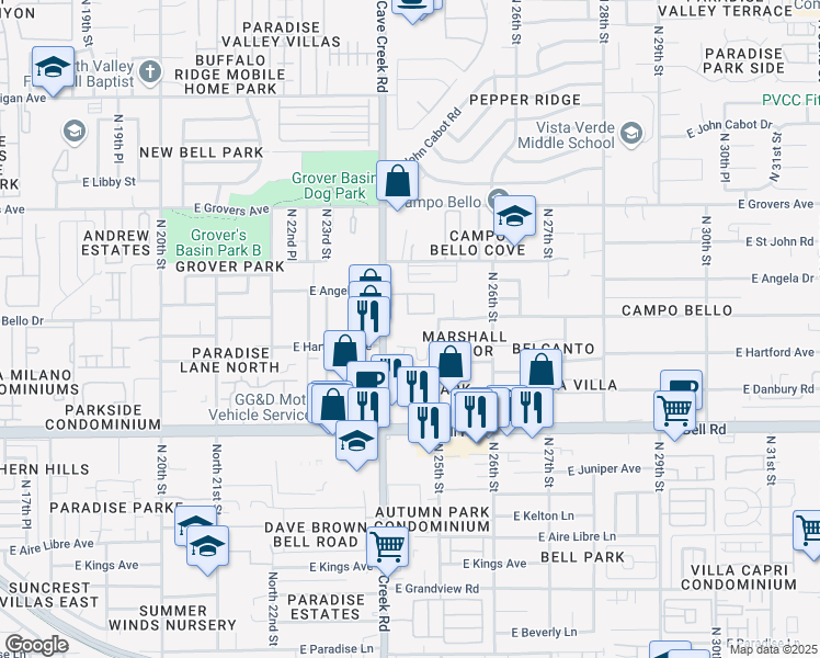 map of restaurants, bars, coffee shops, grocery stores, and more near 17365 Cave Creek Road in Phoenix