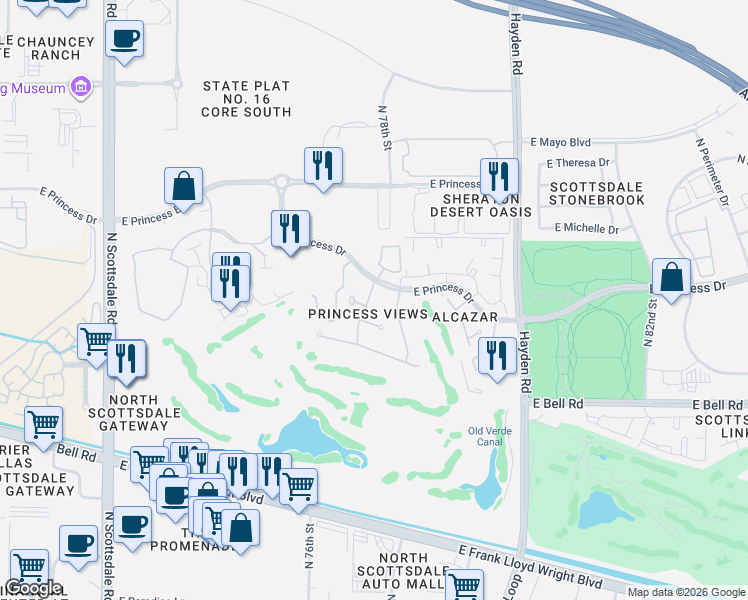 map of restaurants, bars, coffee shops, grocery stores, and more near 17368 North 77th Way in Scottsdale