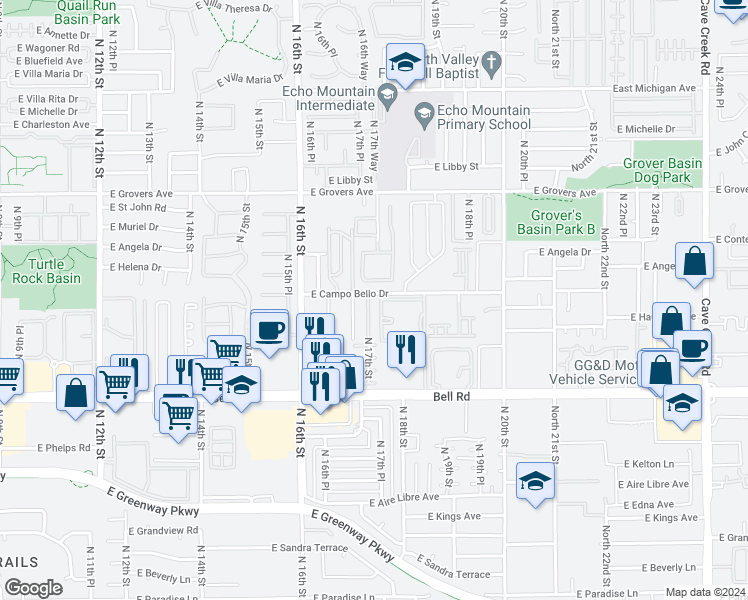 map of restaurants, bars, coffee shops, grocery stores, and more near 17309 North 17th Street in Phoenix
