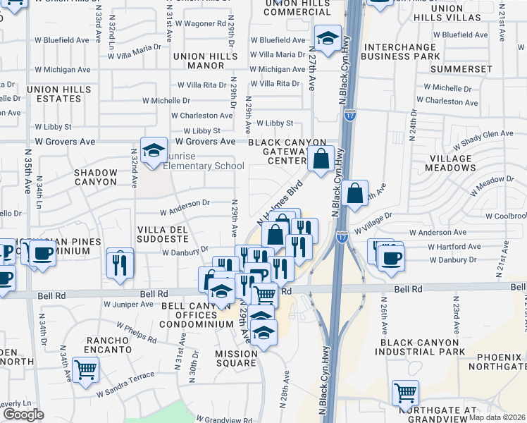 map of restaurants, bars, coffee shops, grocery stores, and more near 17251 North 28th Avenue in Phoenix