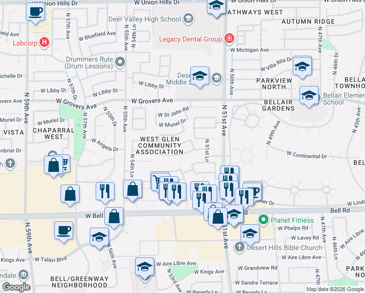 map of restaurants, bars, coffee shops, grocery stores, and more near 5284 West Village Drive in Glendale