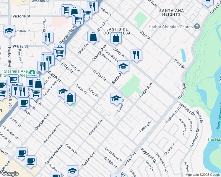 map of restaurants, bars, coffee shops, grocery stores, and more near 2078 Santa Ana Avenue in Costa Mesa