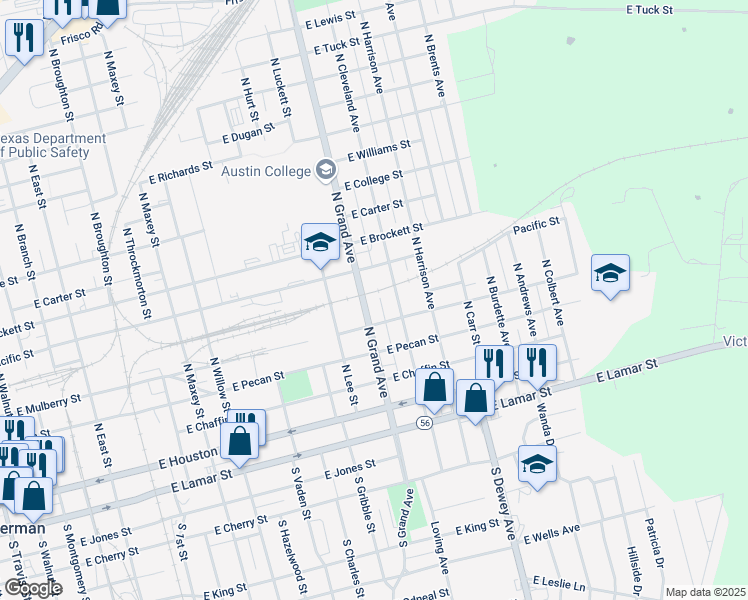 map of restaurants, bars, coffee shops, grocery stores, and more near 414 North Grand Avenue in Sherman