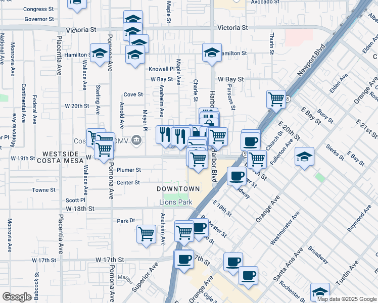 map of restaurants, bars, coffee shops, grocery stores, and more near 548 West 19th Street in Costa Mesa