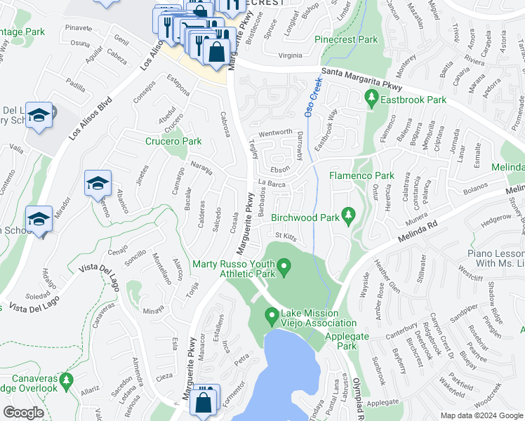 map of restaurants, bars, coffee shops, grocery stores, and more near 21926 Barbados in Mission Viejo