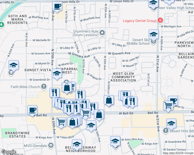 map of restaurants, bars, coffee shops, grocery stores, and more near 5526 West Angela Drive in Glendale