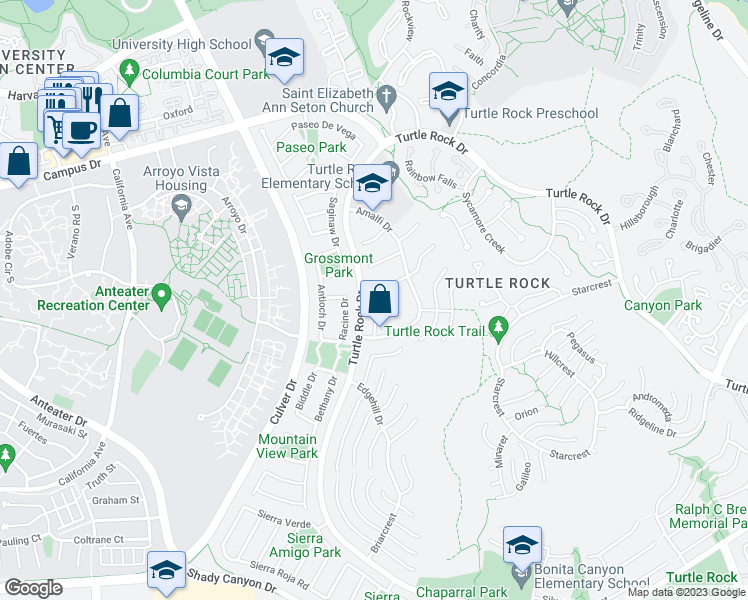 map of restaurants, bars, coffee shops, grocery stores, and more near 18862 Via Palatino in Irvine