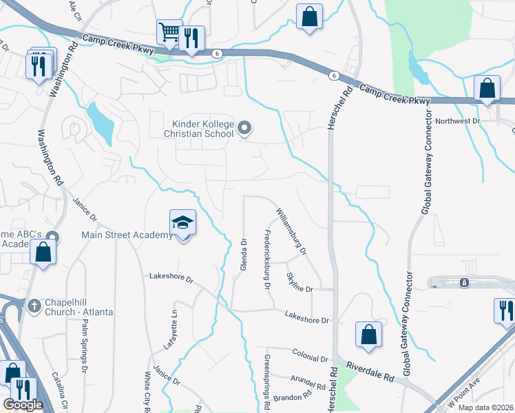 map of restaurants, bars, coffee shops, grocery stores, and more near 4071 Williamsburg Drive in College Park
