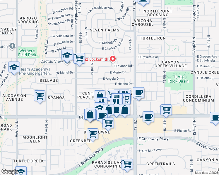map of restaurants, bars, coffee shops, grocery stores, and more near 17238 North 3rd Place in Phoenix