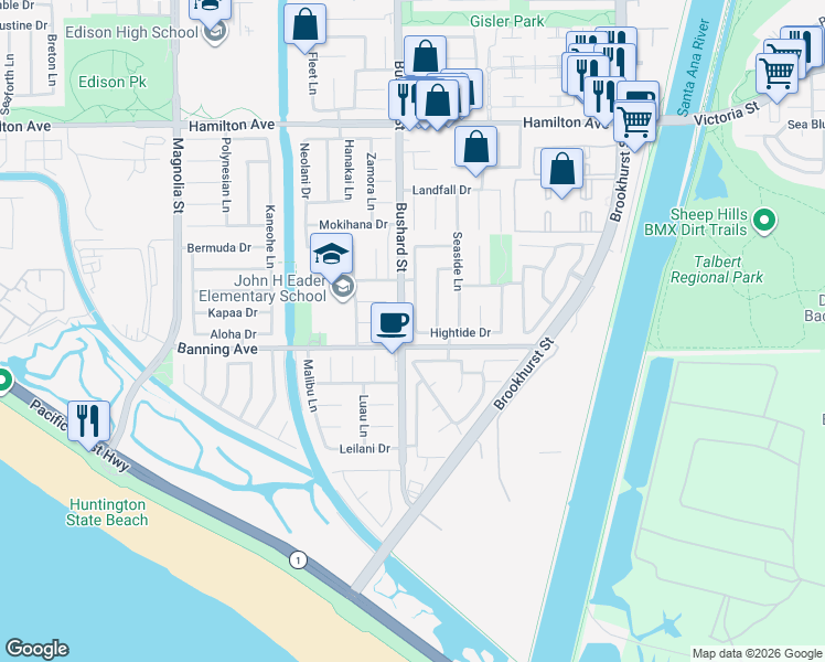map of restaurants, bars, coffee shops, grocery stores, and more near 21941 Oceanview Lane in Huntington Beach