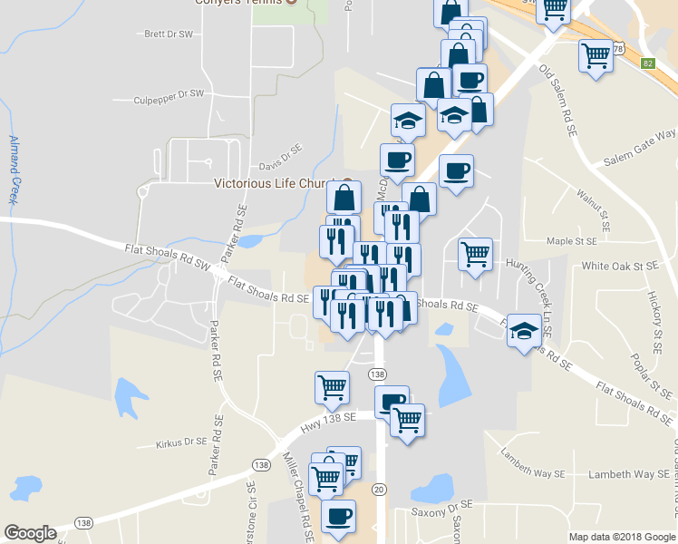 map of restaurants, bars, coffee shops, grocery stores, and more near 1745 Hwy 138 in Conyers