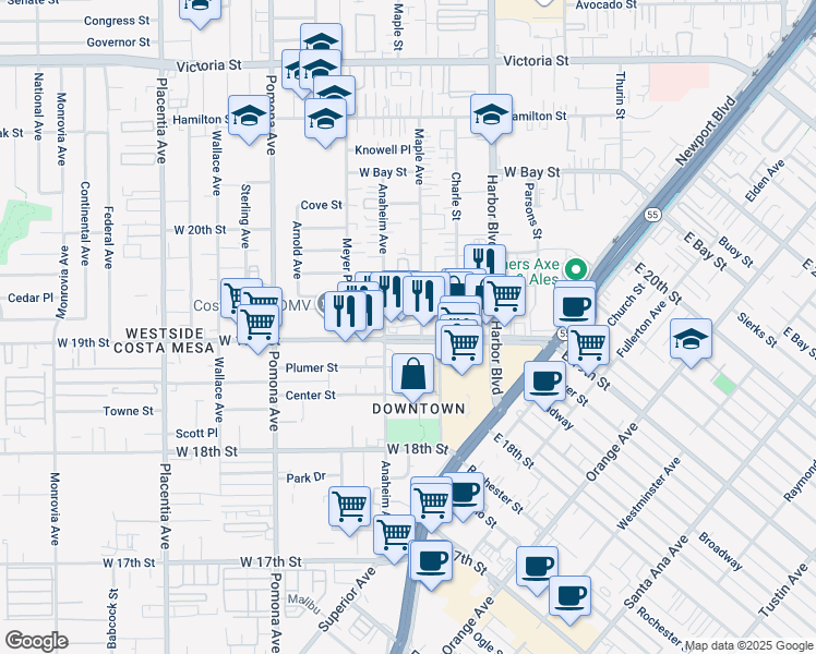 map of restaurants, bars, coffee shops, grocery stores, and more near 574 West 19th Street in Costa Mesa
