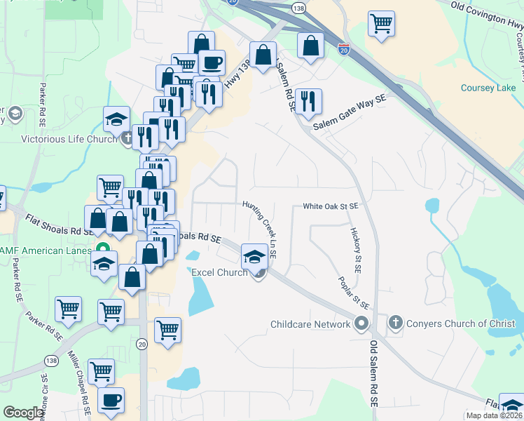 map of restaurants, bars, coffee shops, grocery stores, and more near 1755 Big Horn Court Southeast in Conyers